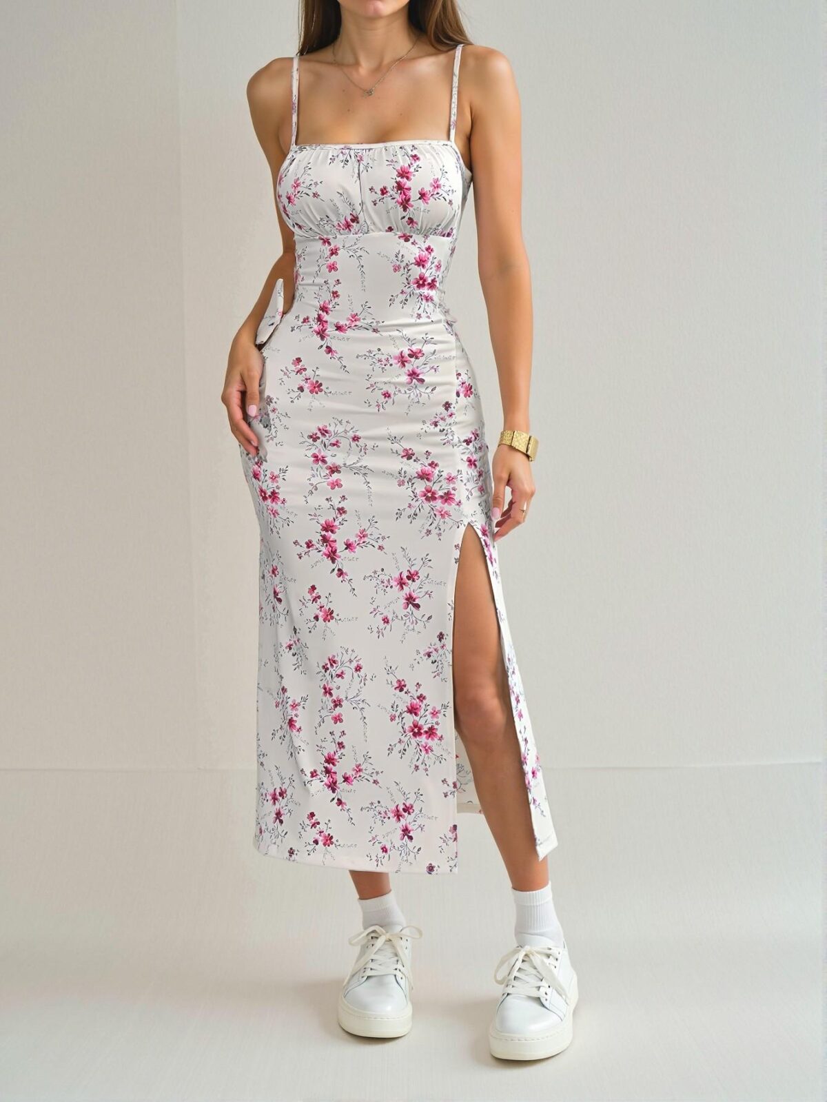 Elegant Pink Floral Print Midi Cami Dress for Spring and Summer – Chic, Classy, and Trendy Fashion Style to Dress to Impress - Image 3