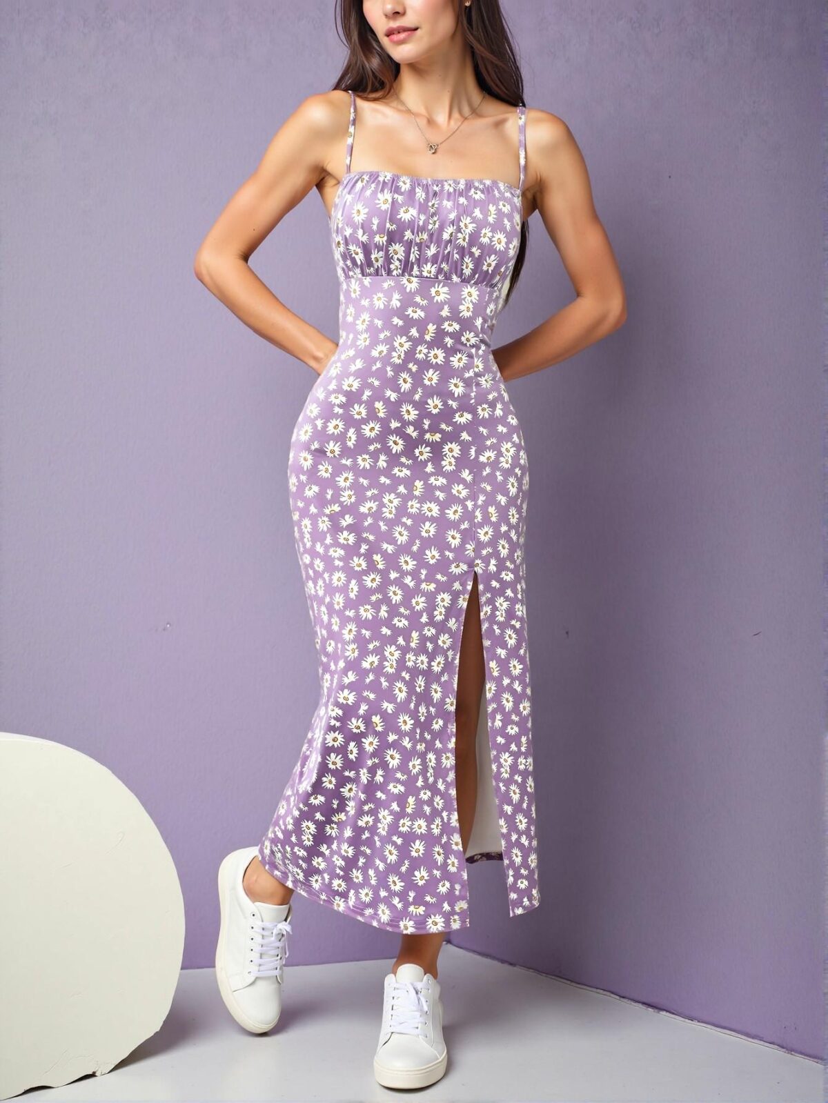 Elegant Lavender Knitted Cami Split Dress with Floral Print for Women, Perfect for Holidays and Spring/Summer - Chic, Classy and Trendy Fashion Style to Dress to Impress - Image 3