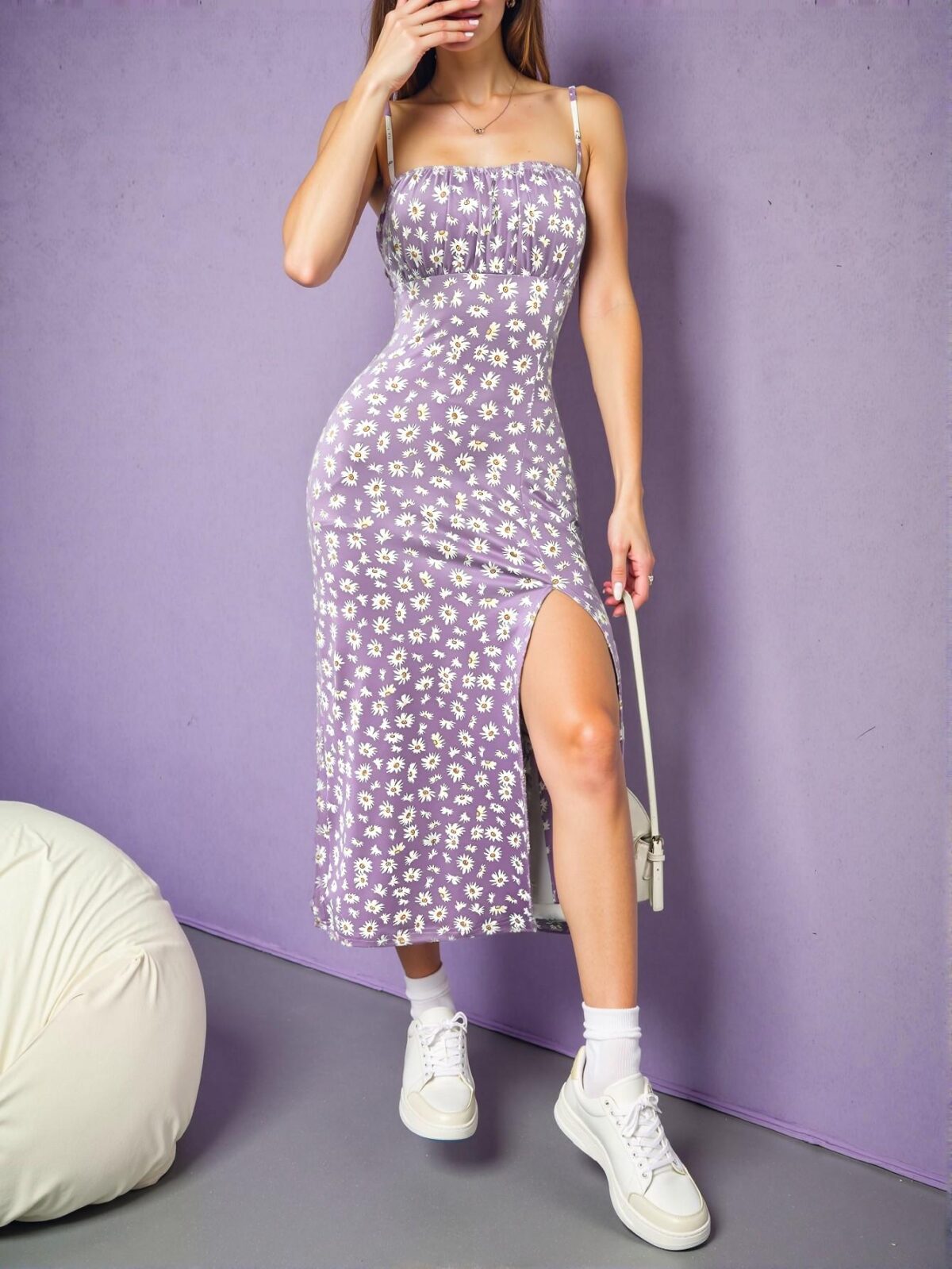 Elegant Lavender Knitted Cami Split Dress with Floral Print for Women, Perfect for Holidays and Spring/Summer - Chic, Classy and Trendy Fashion Style to Dress to Impress - Image 4