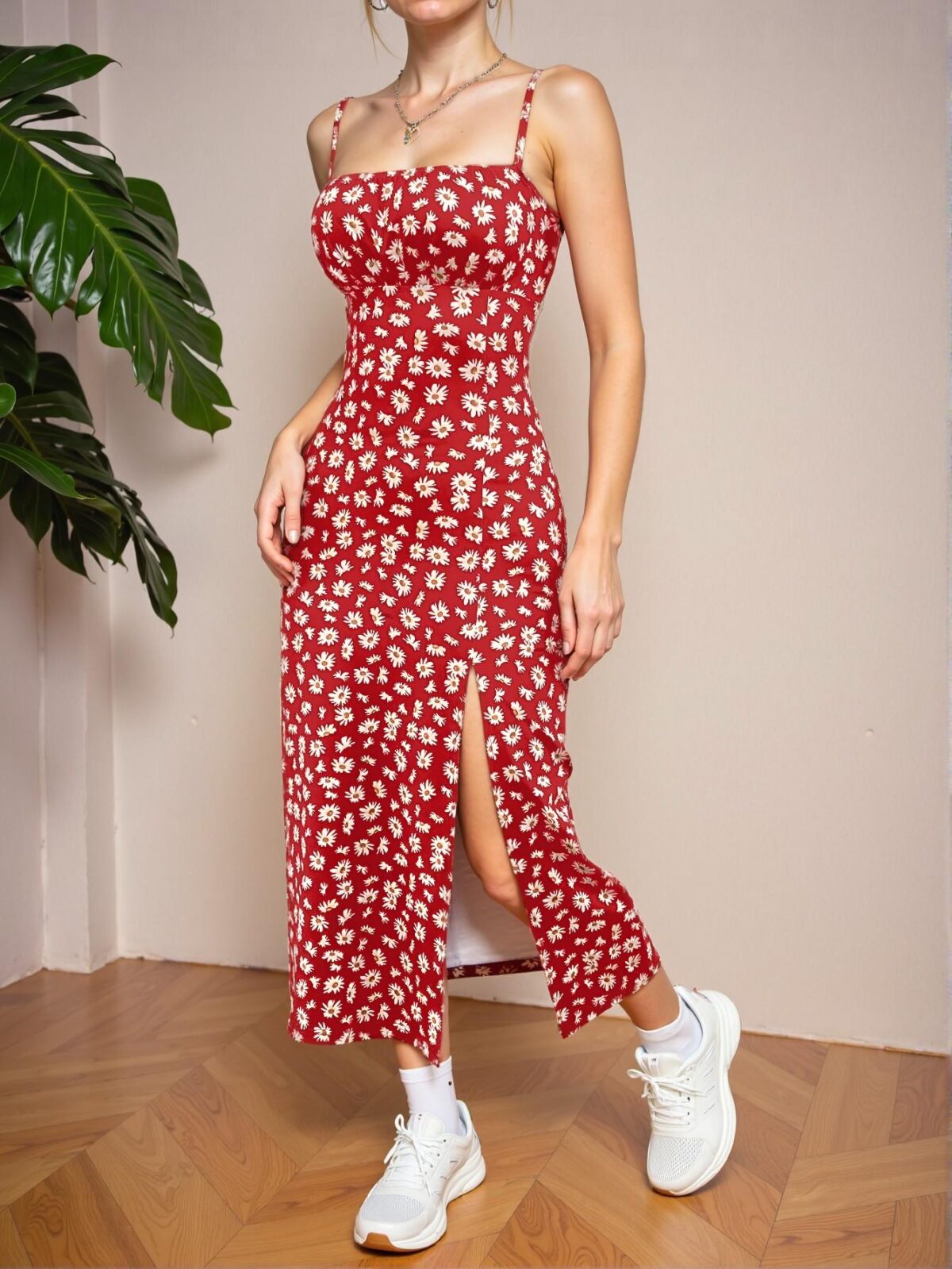 Elegant Red Bohemian Midi Split Cami Dress Perfect for Spring and Summer Chic, Classy and Trendy Fashion Style to Dress to Impress