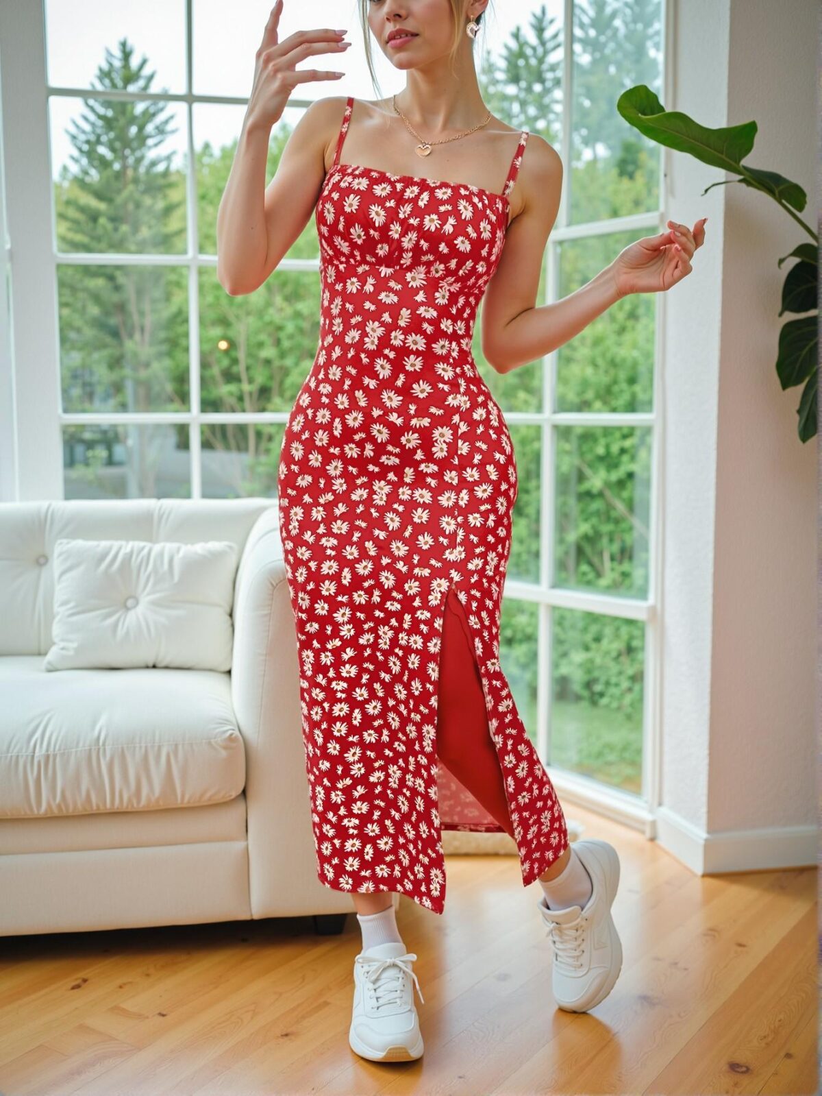Elegant Red Bohemian Midi Split Cami Dress Perfect for Spring and Summer Chic, Classy and Trendy Fashion Style to Dress to Impress - Image 4