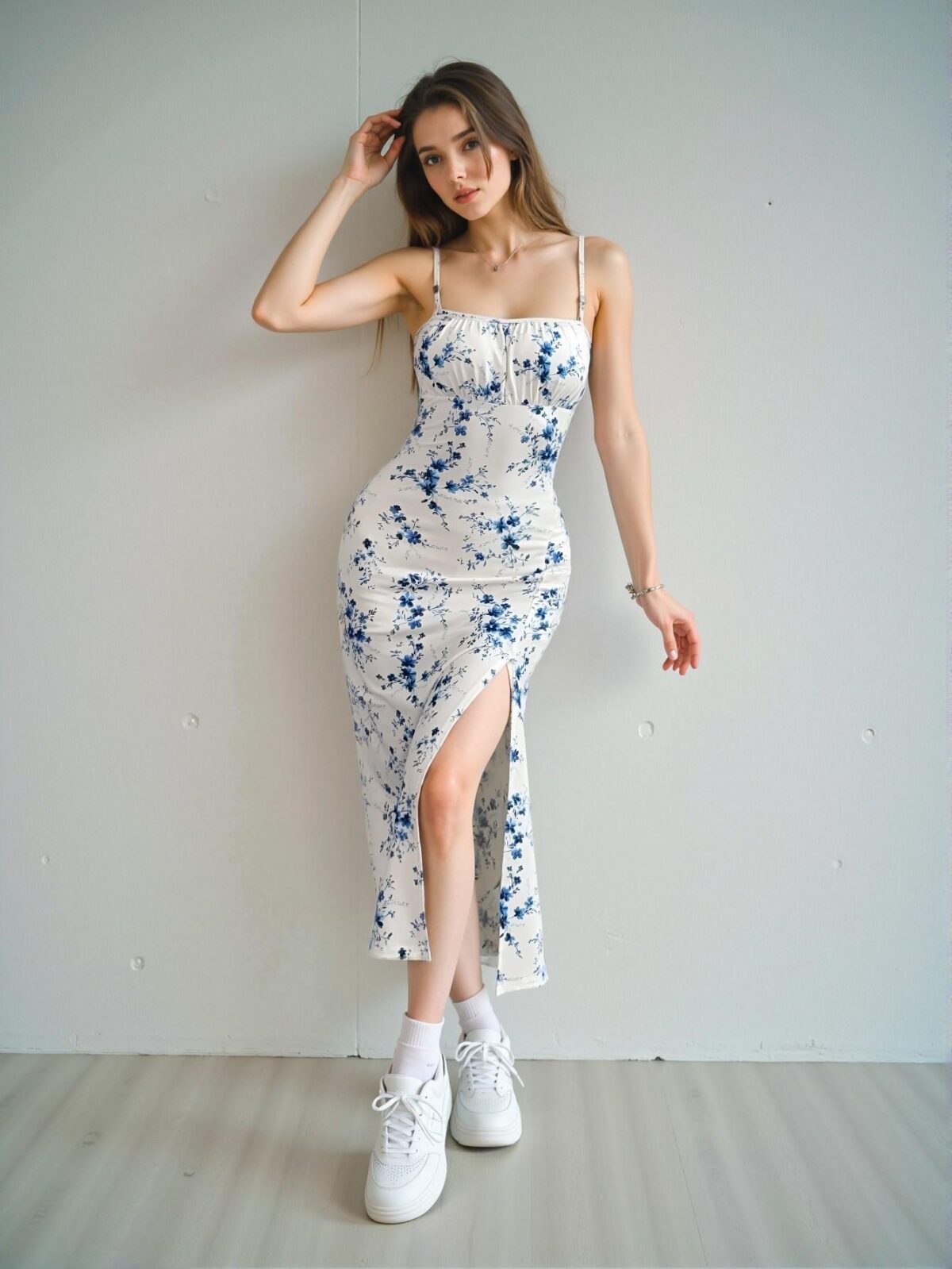 Elegant White Chic Floral Print Side Slit Hem Cami Midi Dress Perfect for Spring and Summer Events - Chic, Classy and Trendy Fashion Style to Dress to Impress