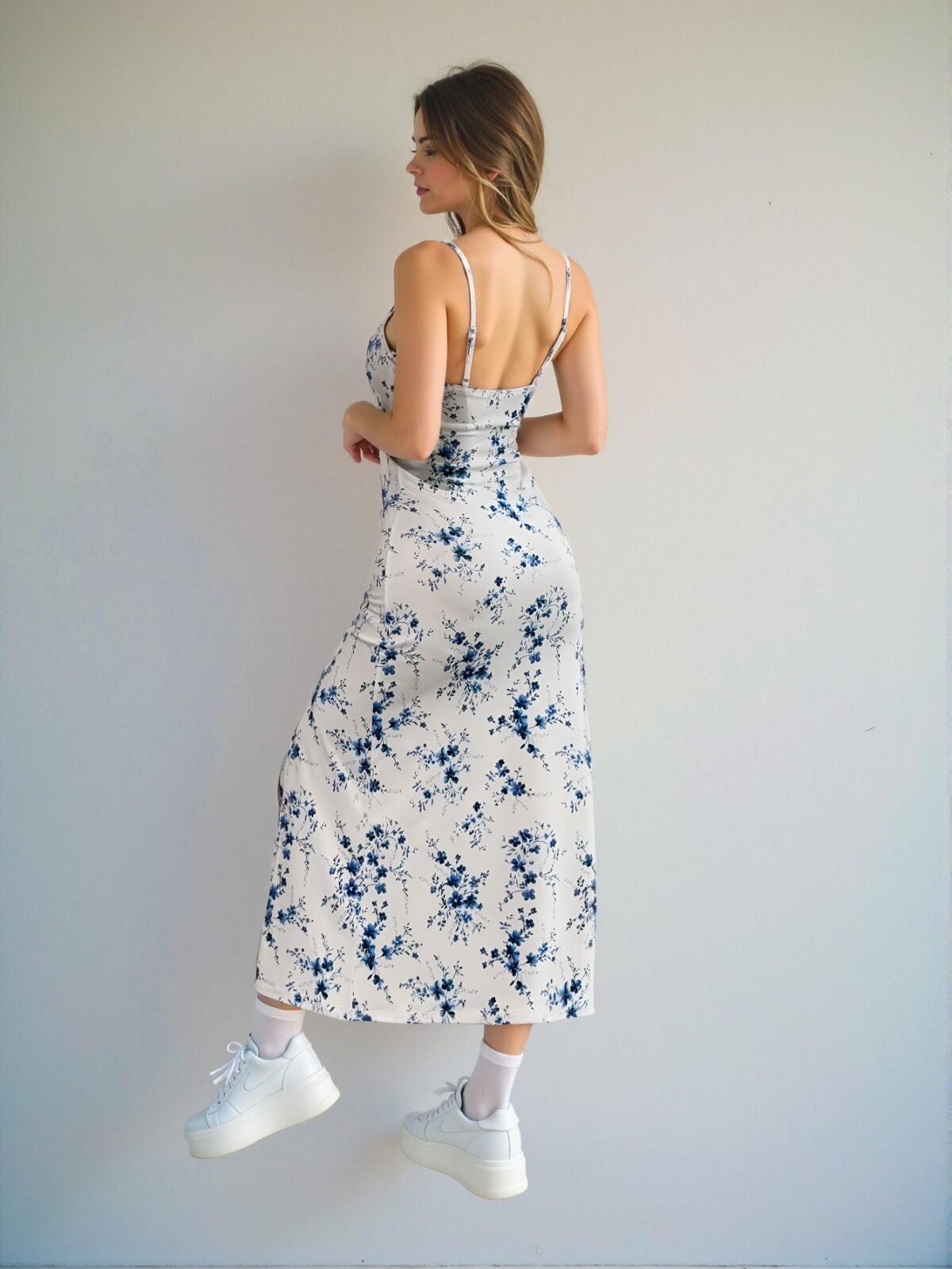 Elegant White Chic Floral Print Side Slit Hem Cami Midi Dress Perfect for Spring and Summer Events - Chic, Classy and Trendy Fashion Style to Dress to Impress - Image 2
