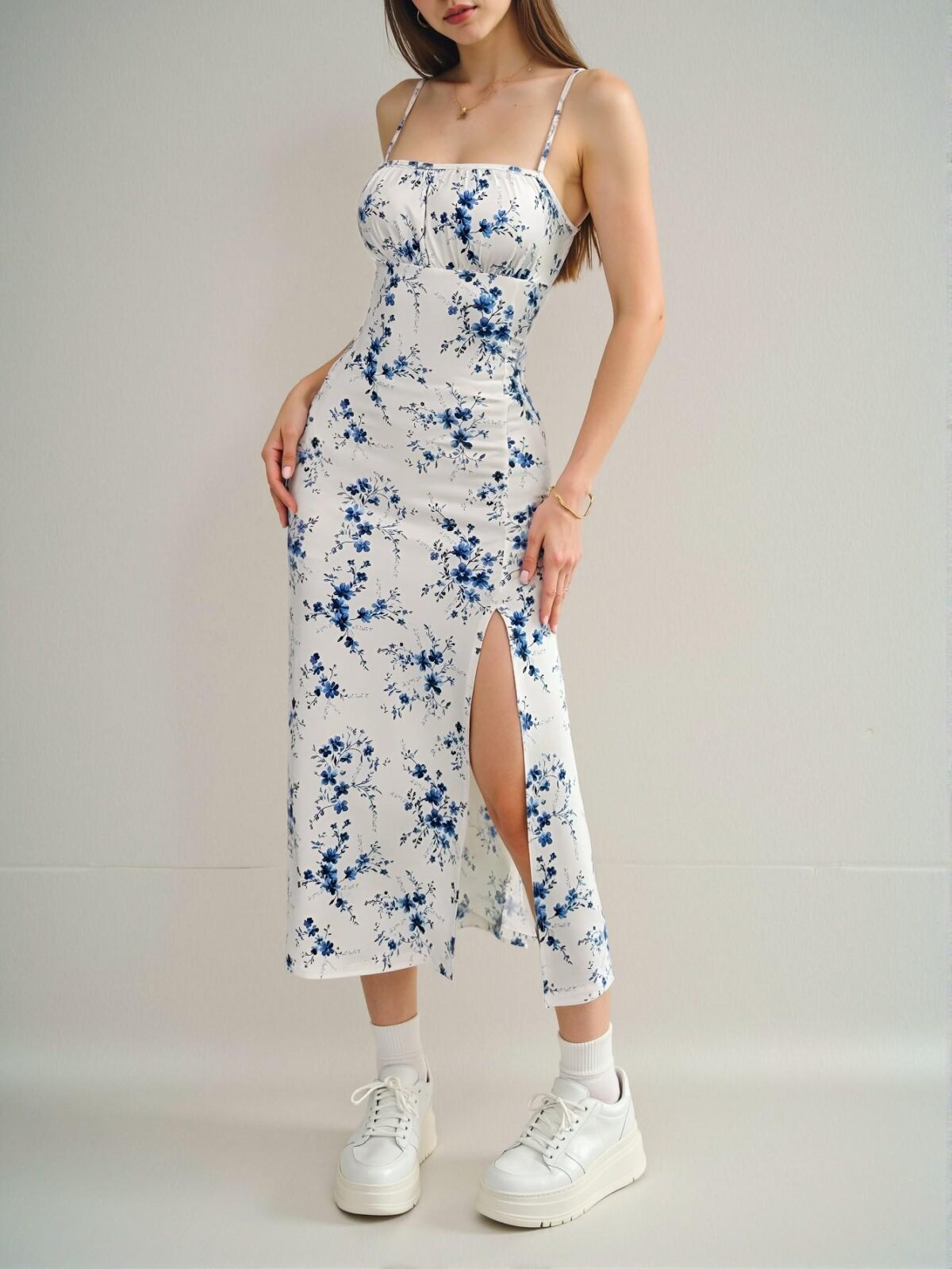 Elegant White Chic Floral Print Side Slit Hem Cami Midi Dress Perfect for Spring and Summer Events - Chic, Classy and Trendy Fashion Style to Dress to Impress - Image 4
