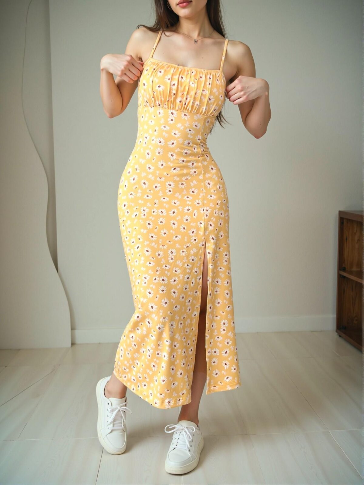 Elegant Yellow Stylish Knit Cami Dress with Slit Hem for Vacation and Summer Events - Chic, Classy and Trendy Fashion Style to Dress to Impress - Image 5