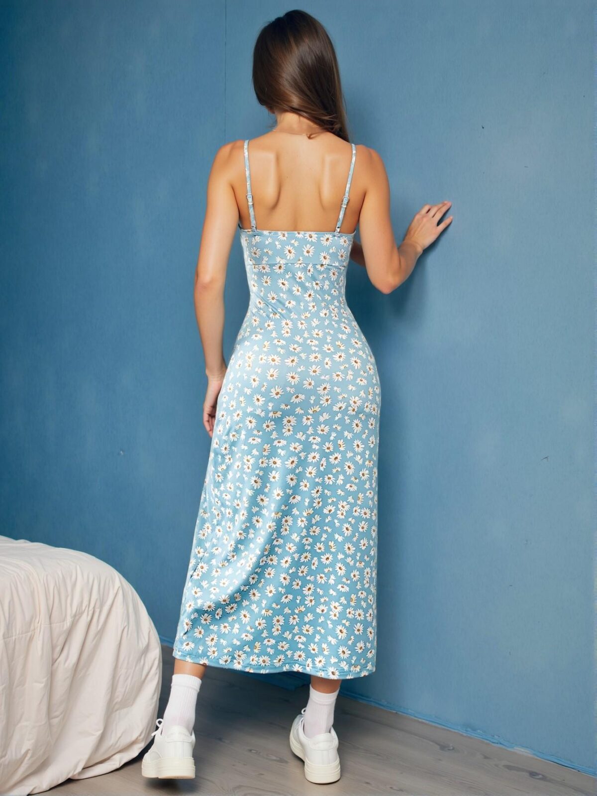 Elegant Baby Blue Boho Cami Dress with Split Hem and Floral Print for Spring and Summer - Chic, Classy and Trendy Fashion Style to Dress to Impress - Image 2