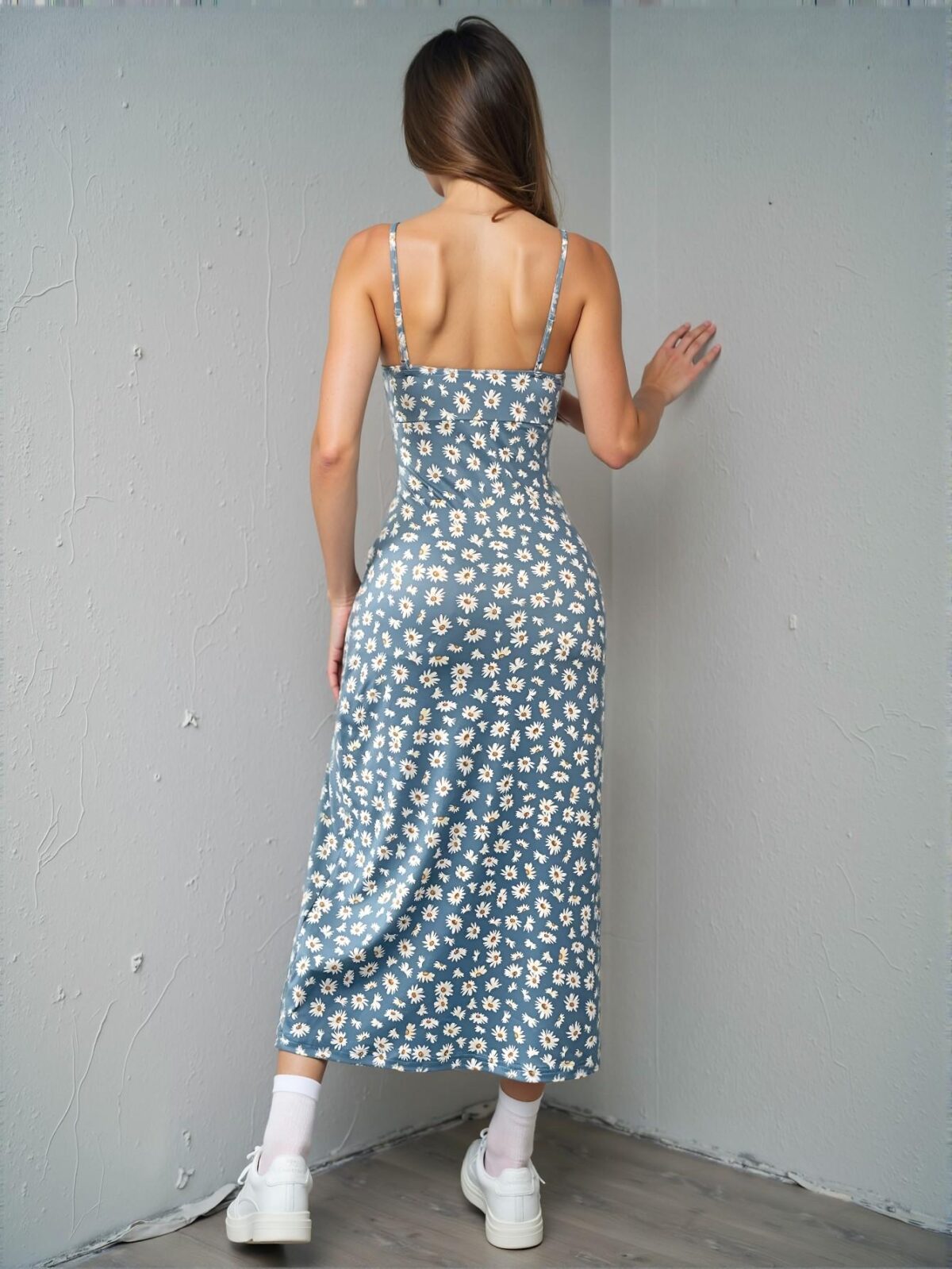 Elegant Dusty Blue Chic Spaghetti Strap Midi Dress with Split Hem for Spring and Summer Vacations - A Classy and Trendy Fashion Style to Dress to Impress - Image 2