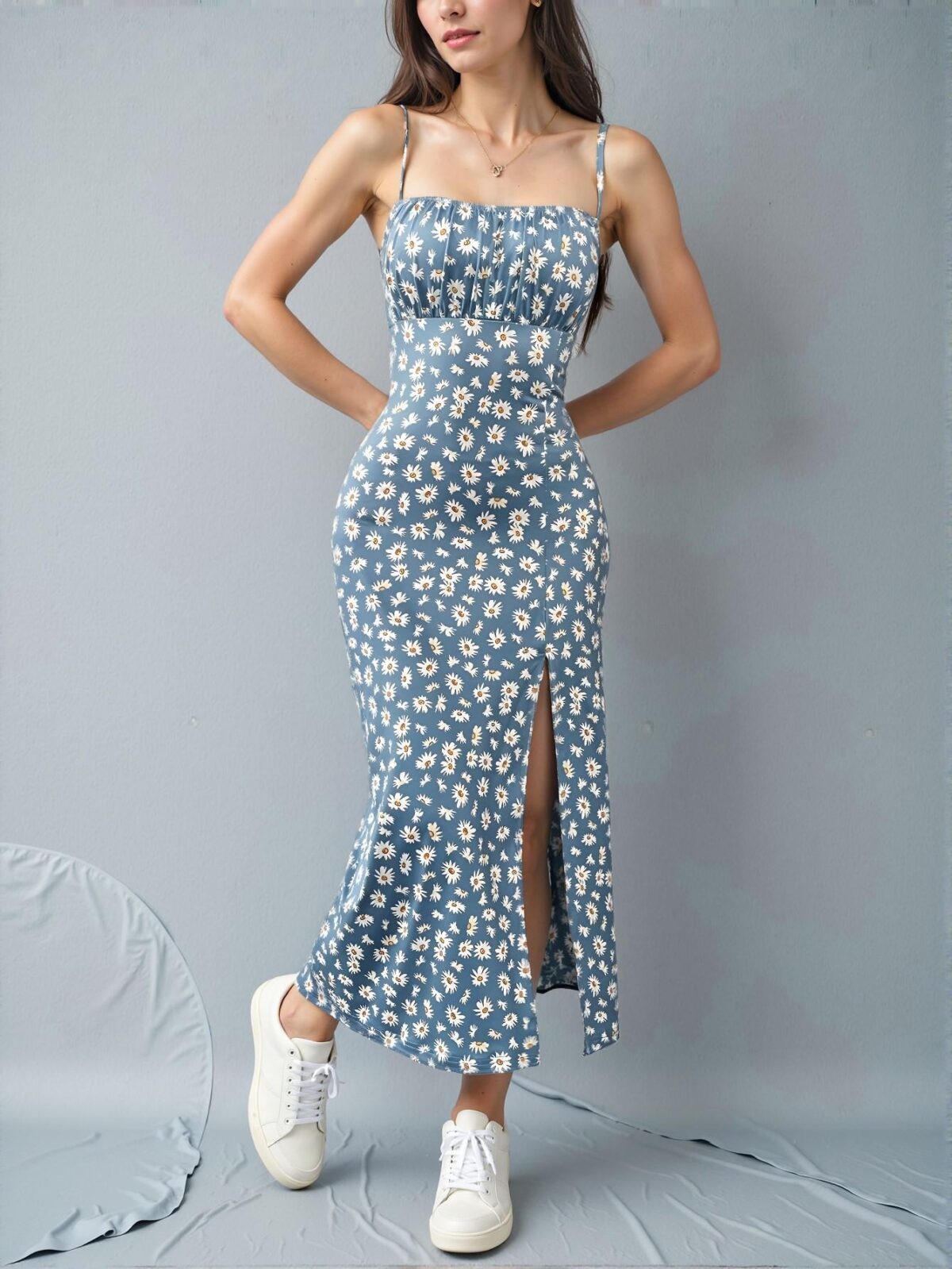 Elegant Dusty Blue Chic Spaghetti Strap Midi Dress with Split Hem for Spring and Summer Vacations - A Classy and Trendy Fashion Style to Dress to Impress - Image 3