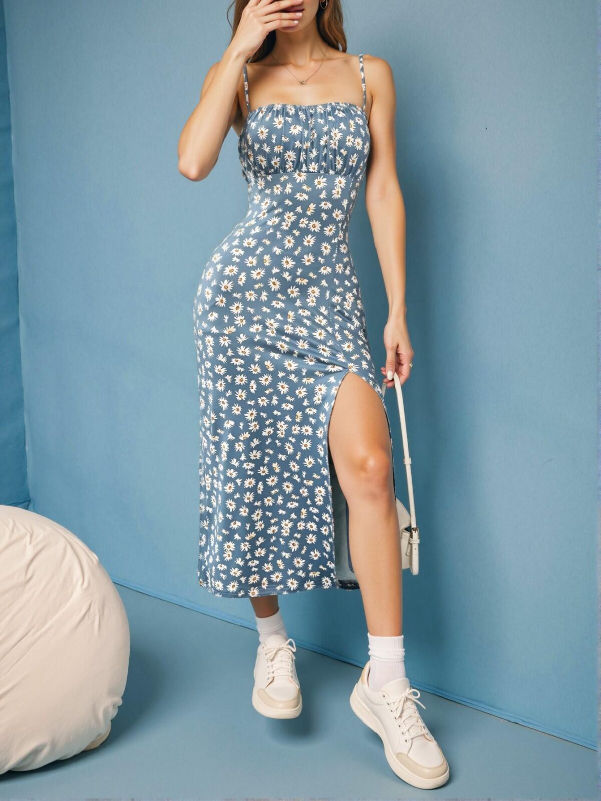 Elegant Dusty Blue Chic Spaghetti Strap Midi Dress with Split Hem for Spring and Summer Vacations - A Classy and Trendy Fashion Style to Dress to Impress - Image 4