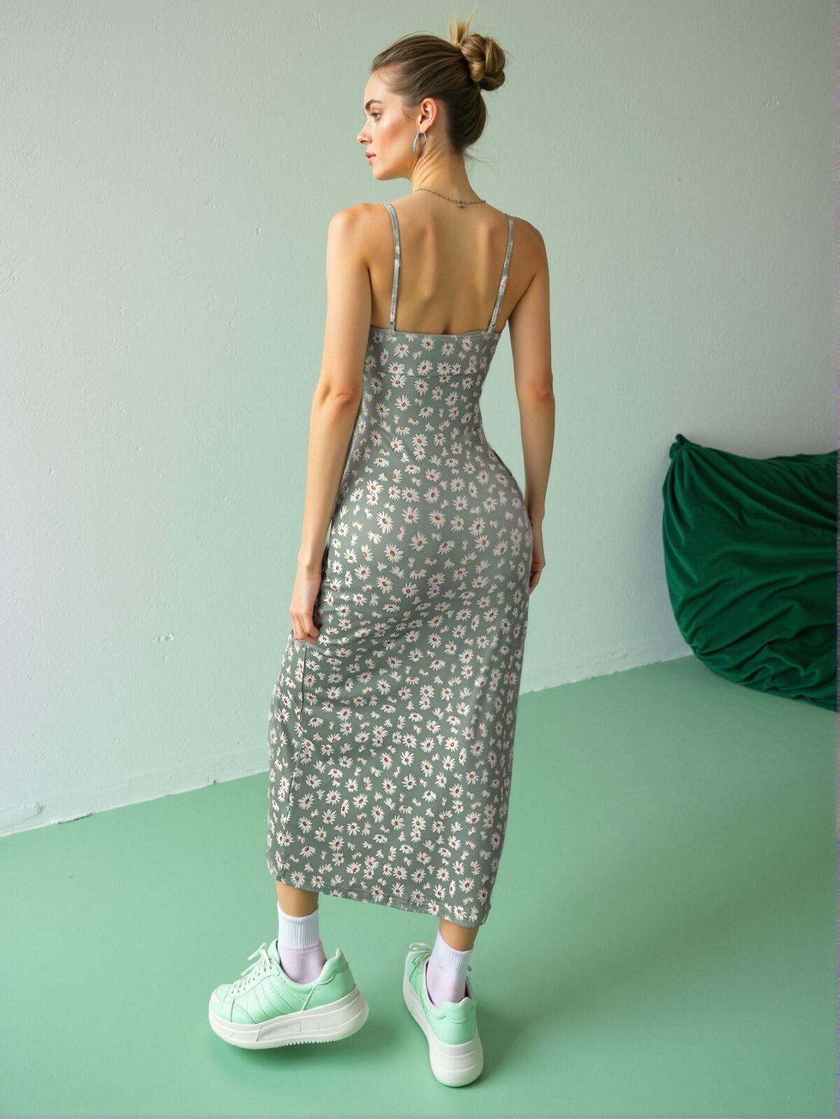 Elegant Olive Green Boho Floral Print Knit Slit Hem Vacation Dress for Women in Spring and Summer Chic, Classy and Trendy Fashion Style to Dress to Impress - Image 2