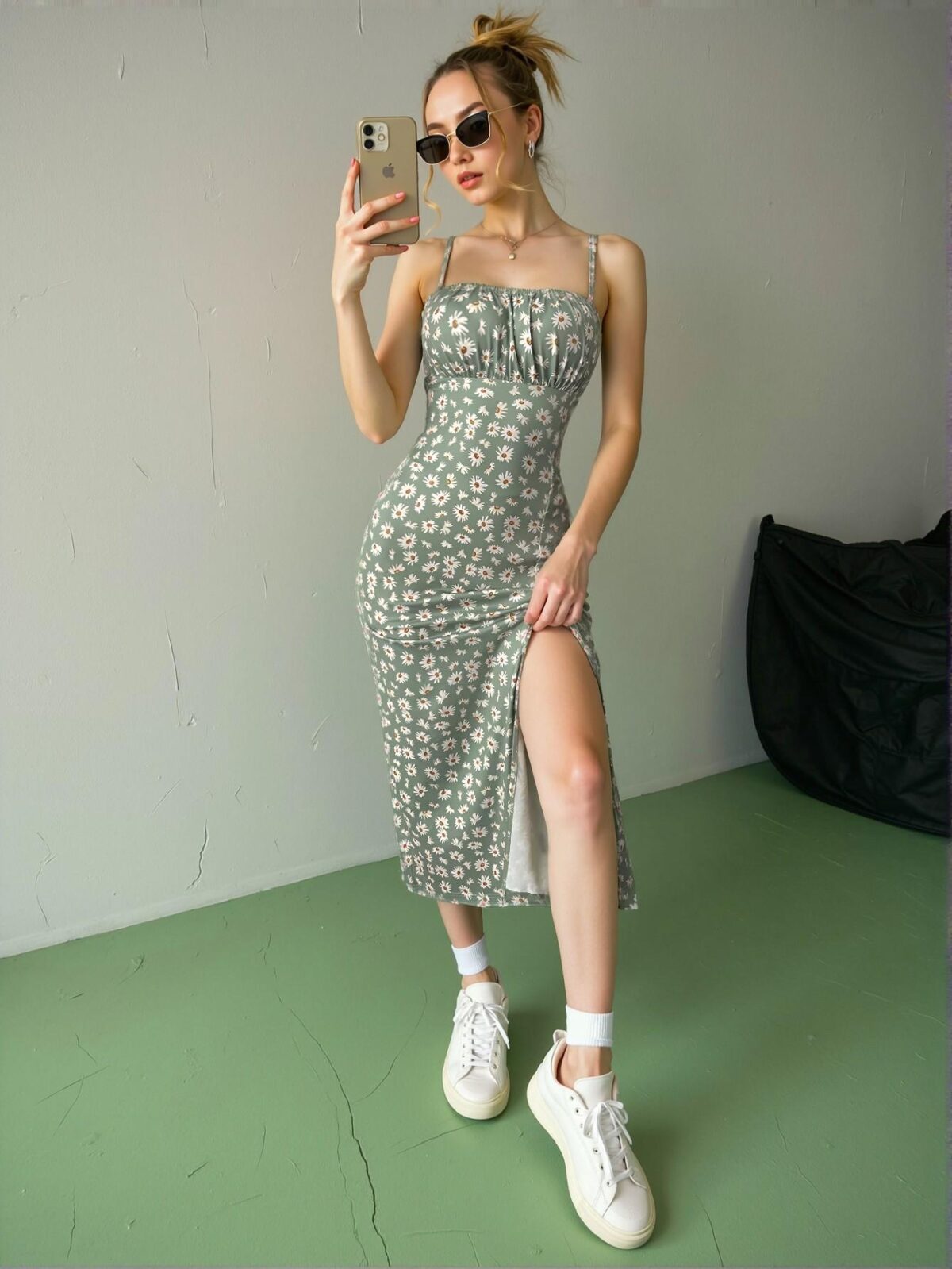 Elegant Olive Green Boho Floral Print Knit Slit Hem Vacation Dress for Women in Spring and Summer Chic, Classy and Trendy Fashion Style to Dress to Impress - Image 5