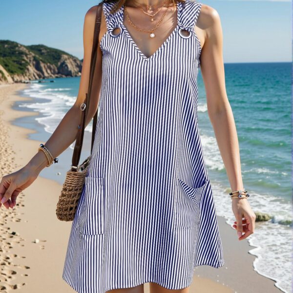 Elegant Navy Blue Casual Striped V-Neck Sleeveless Dress with Decorative Belt and Pockets for Vacation Beach Days - Chic, Classy and Trendy Fashion Style to Dress to Impress