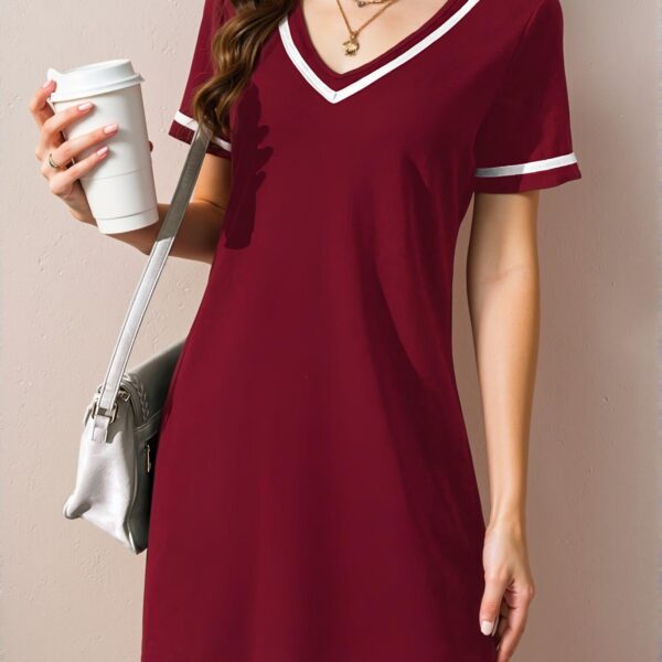 Elegant Burgundy Stylish V-Neck Colorblock Rib-Knit Casual Dress for Spring and Summer Chic, Classy and Trendy Fashion Style to Dress to Impress