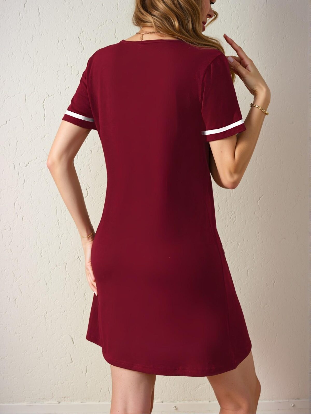 Elegant Burgundy Stylish V-Neck Colorblock Rib-Knit Casual Dress for Spring and Summer Chic, Classy and Trendy Fashion Style to Dress to Impress - Image 2