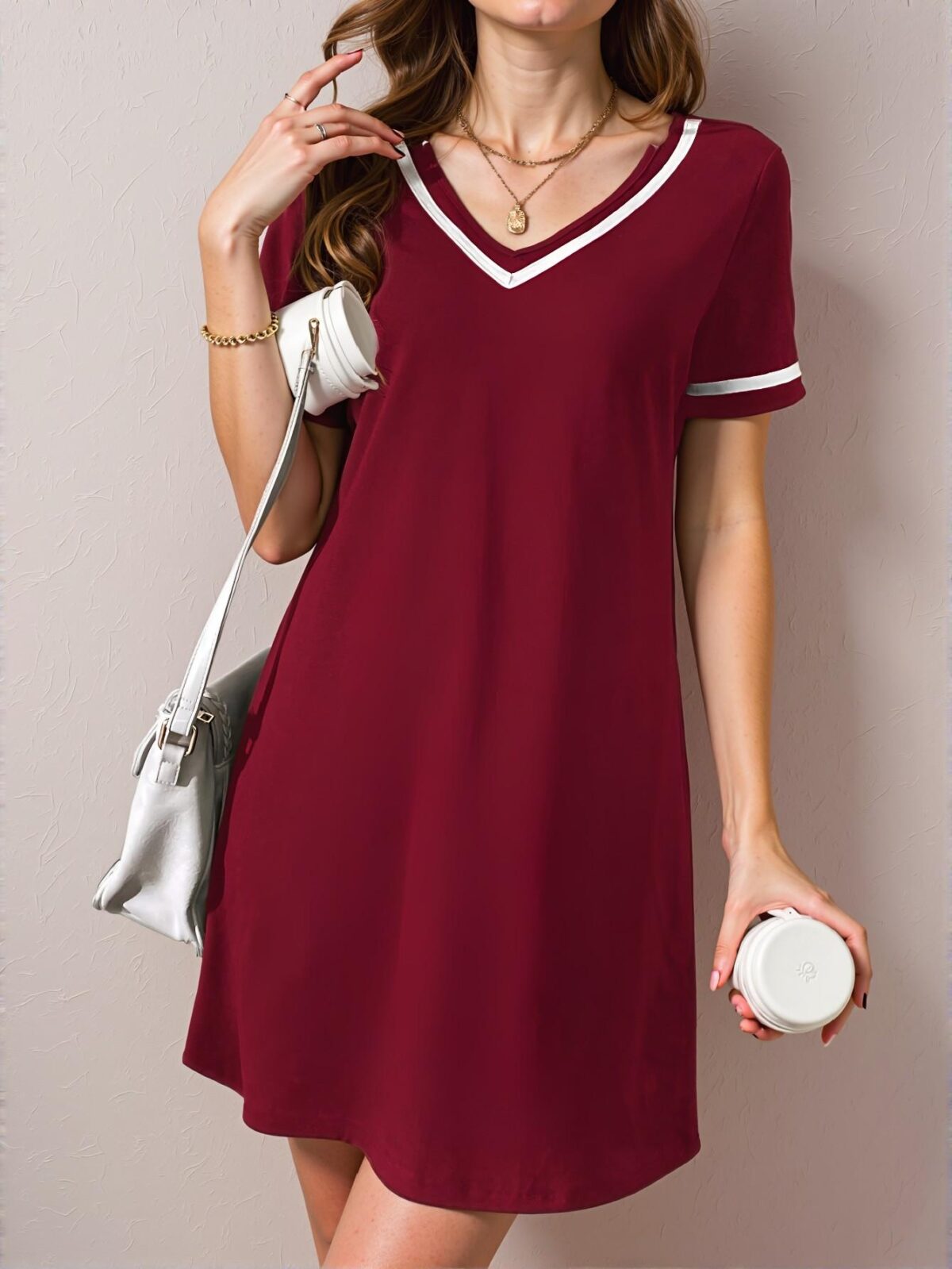 Elegant Burgundy Stylish V-Neck Colorblock Rib-Knit Casual Dress for Spring and Summer Chic, Classy and Trendy Fashion Style to Dress to Impress - Image 3