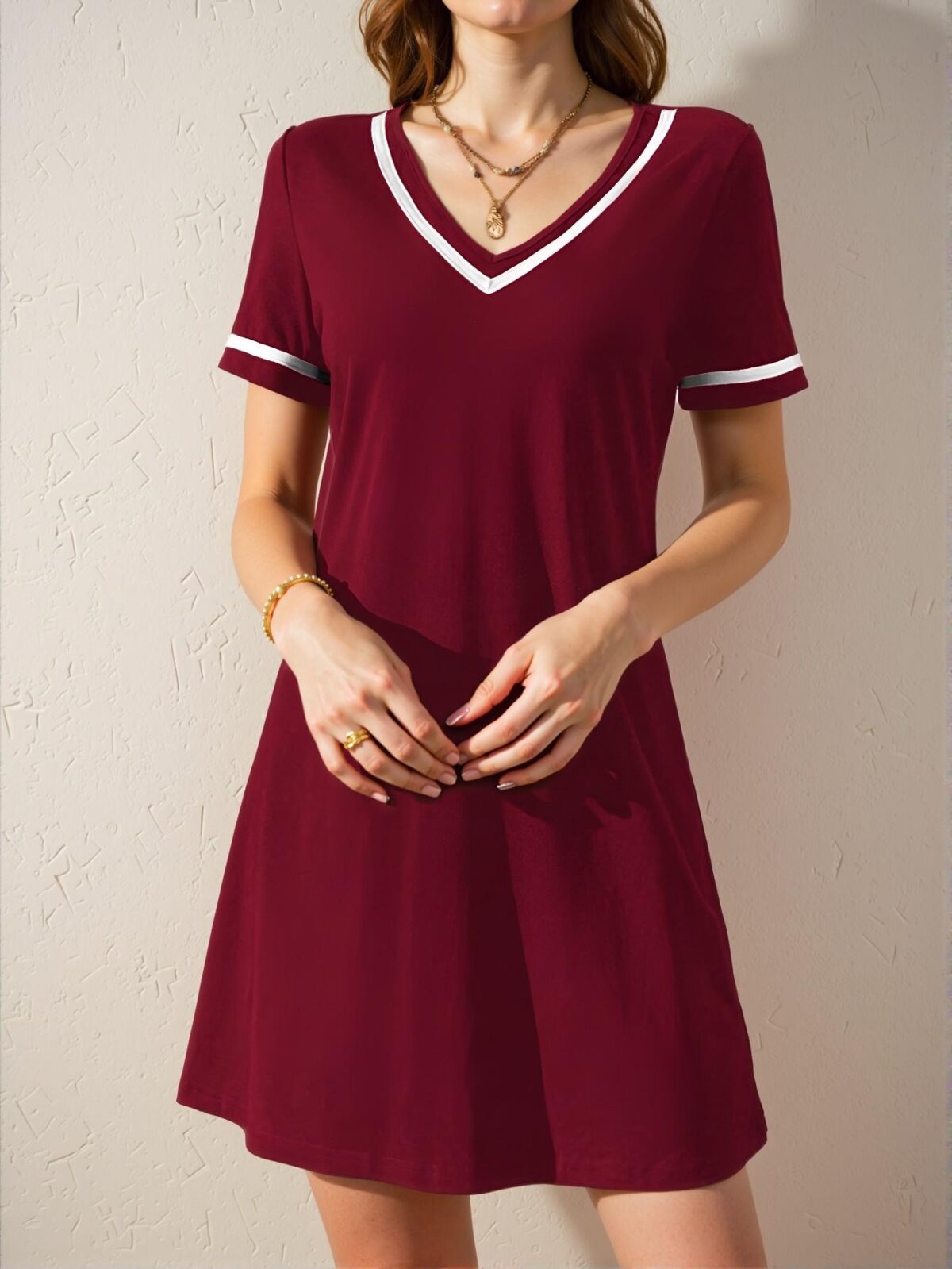 Elegant Burgundy Stylish V-Neck Colorblock Rib-Knit Casual Dress for Spring and Summer Chic, Classy and Trendy Fashion Style to Dress to Impress - Image 5