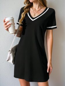 Elegant Black Color-Blocked Casual Sporty Knit Dress with V-Neck and Woven Belt for Spring and Summer Chic, Classy and Trendy Fashion Style to Dress to Impress