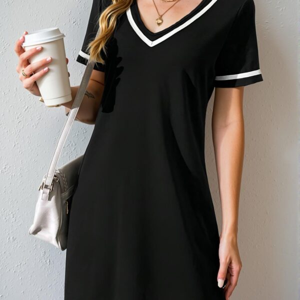 Elegant Black Color-Blocked Casual Sporty Knit Dress with V-Neck and Woven Belt for Spring and Summer Chic, Classy and Trendy Fashion Style to Dress to Impress