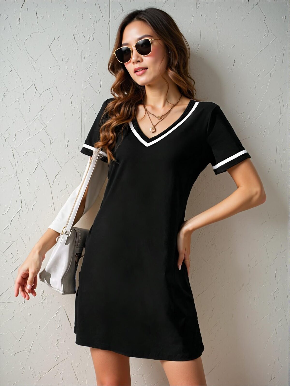 Elegant Black Color-Blocked Casual Sporty Knit Dress with V-Neck and Woven Belt for Spring and Summer Chic, Classy and Trendy Fashion Style to Dress to Impress - Image 3