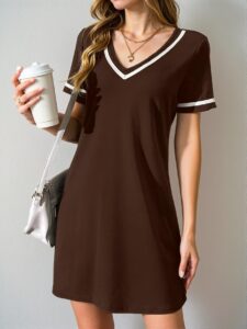 Elegant Khaki Stylish V-Neck Color Block Ribbed Knit Dress for Casual Outings and Celebrations "Chic, Classy and Trendy Fashion Style to Dress to Impress"