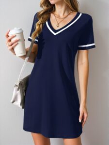 Elegant Navy Blue Casual V-Neck Color Block Knit Dress with Weave Belt for Spring and Summer – Chic, Classy and Trendy Fashion Style to Dress to Impress
