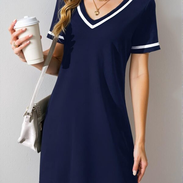 Elegant Navy Blue Casual V-Neck Color Block Knit Dress with Weave Belt for Spring and Summer – Chic, Classy and Trendy Fashion Style to Dress to Impress