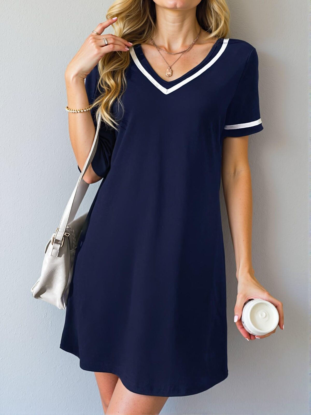 Elegant Navy Blue Casual V-Neck Color Block Knit Dress with Weave Belt for Spring and Summer – Chic, Classy and Trendy Fashion Style to Dress to Impress - Image 3