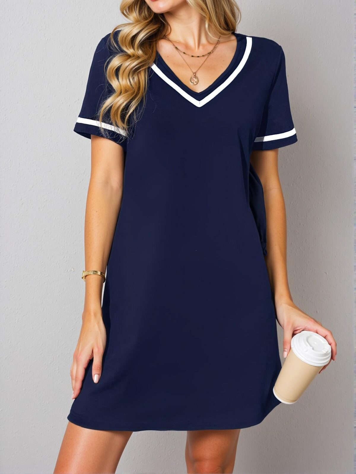 Elegant Navy Blue Casual V-Neck Color Block Knit Dress with Weave Belt for Spring and Summer – Chic, Classy and Trendy Fashion Style to Dress to Impress - Image 4