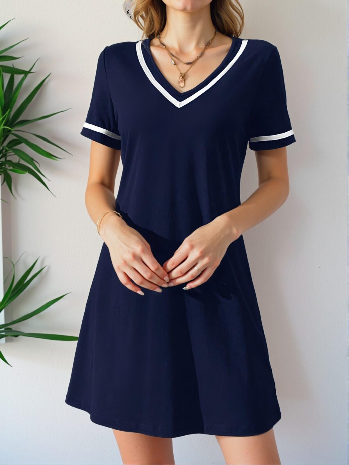 Elegant Navy Blue Casual V-Neck Color Block Knit Dress with Weave Belt for Spring and Summer – Chic, Classy and Trendy Fashion Style to Dress to Impress - Image 5