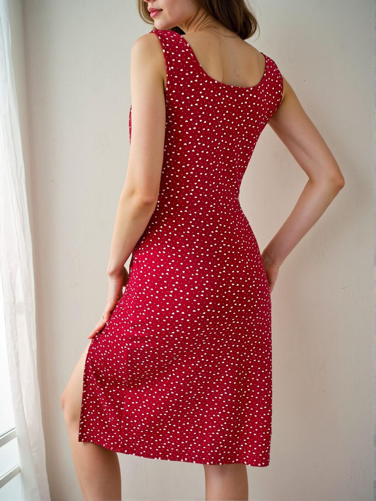 Elegant Red and White Polka Dot High Slit Twisted Waist Sleeveless Dress for Women - Perfect for Spring and Summer Casual Chic Style to Dress to Impress - Image 3