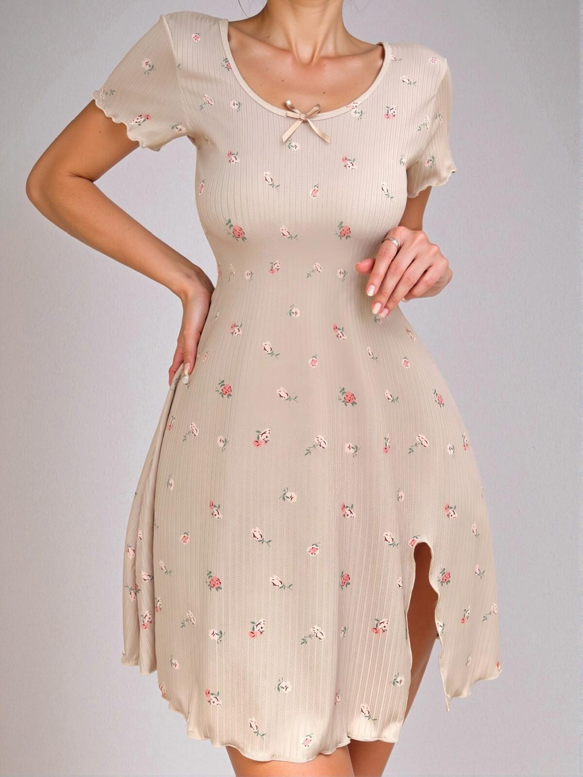 Charming Apricot Ditsy Floral Lettuce Trim Nightdress with Split Hem for Spring and Summer - Chic, Classy and Trendy Fashion Style to Dress to Impress
