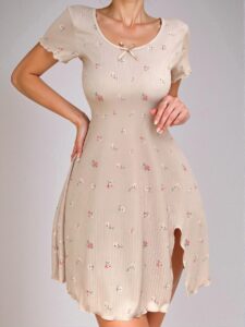 Charming Apricot Ditsy Floral Lettuce Trim Nightdress with Split Hem for Spring and Summer - Chic, Classy and Trendy Fashion Style to Dress to Impress