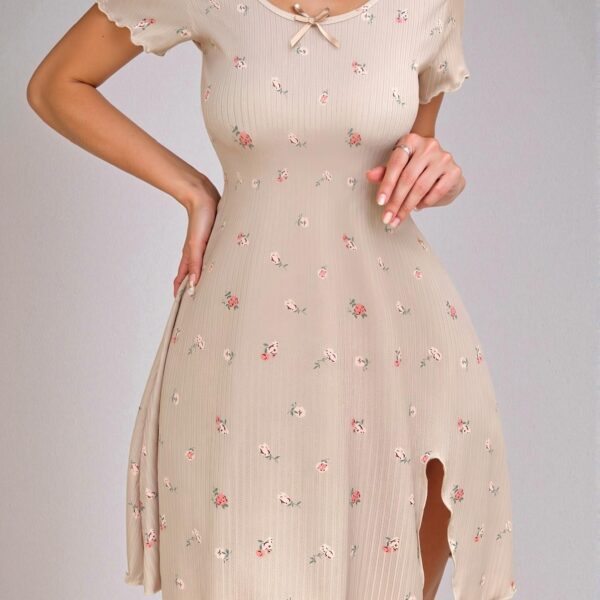 Charming Apricot Ditsy Floral Lettuce Trim Nightdress with Split Hem for Spring and Summer - Chic, Classy and Trendy Fashion Style to Dress to Impress