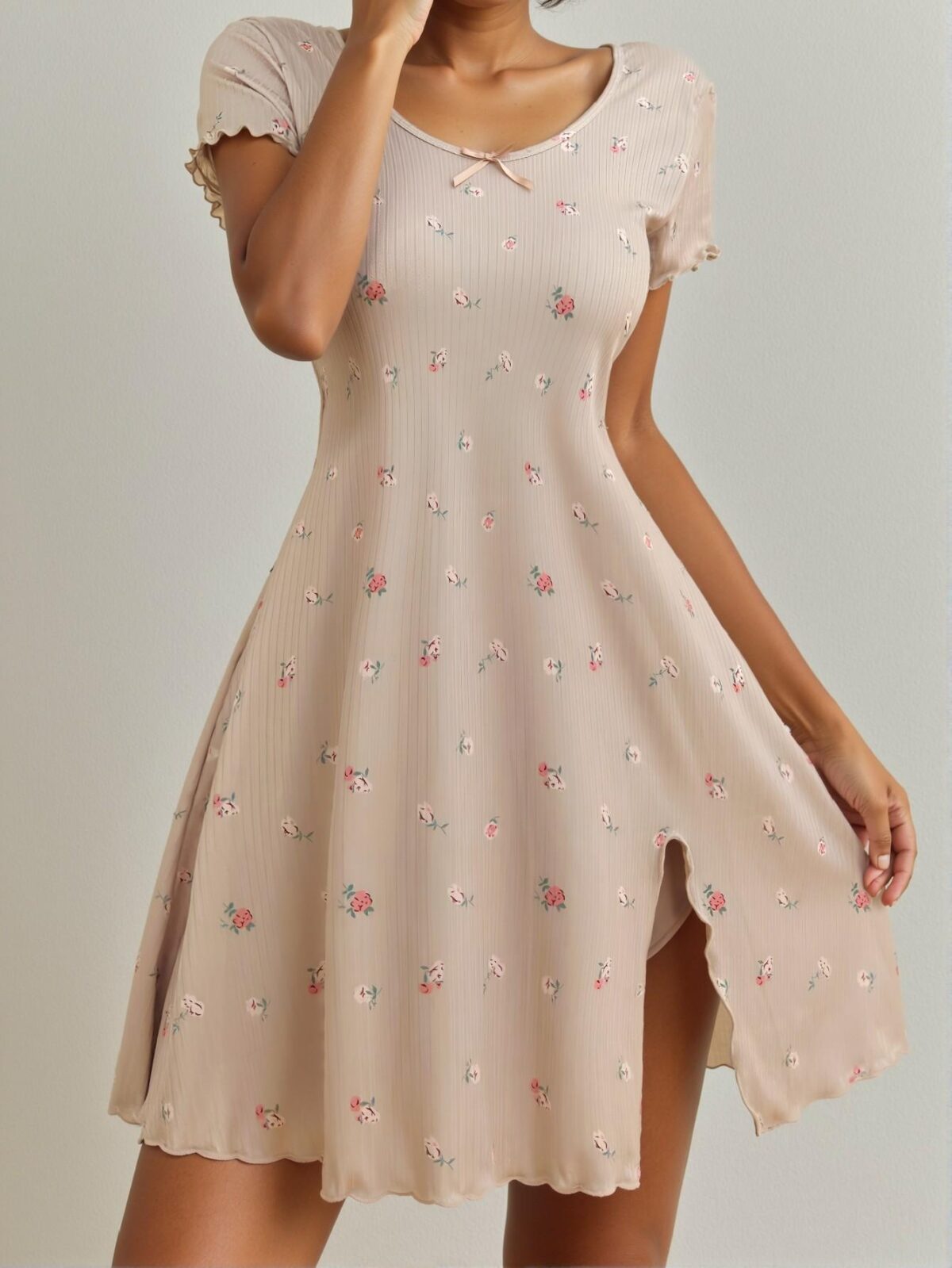 Charming Apricot Ditsy Floral Lettuce Trim Nightdress with Split Hem for Spring and Summer - Chic, Classy and Trendy Fashion Style to Dress to Impress - Image 3