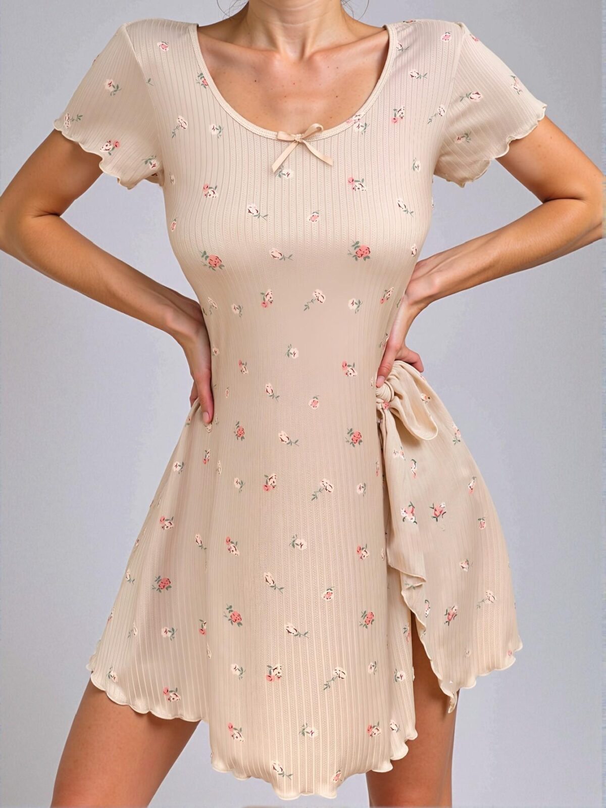 Charming Apricot Ditsy Floral Lettuce Trim Nightdress with Split Hem for Spring and Summer - Chic, Classy and Trendy Fashion Style to Dress to Impress - Image 5