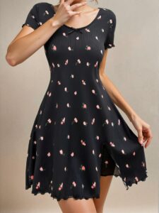 Elegant Black Ditsy Floral Print Lettuce Trim Split Hem Nightdress for Warm Seasons, Chic, Classy and Trendy Fashion Style to Dress to Impress