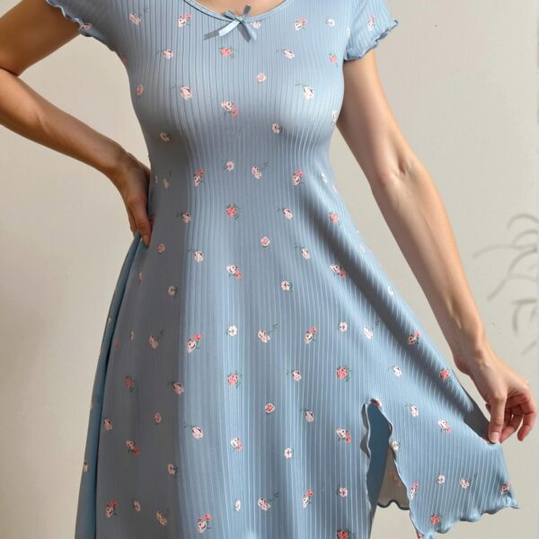 Elegant Grey Charming Ditsy Floral Bow-Accented Mini Nightdress with Lettuce Trim and Split Hem for Spring and Summer - Chic, Classy and Trendy Fashion Style to Dress to Impress
