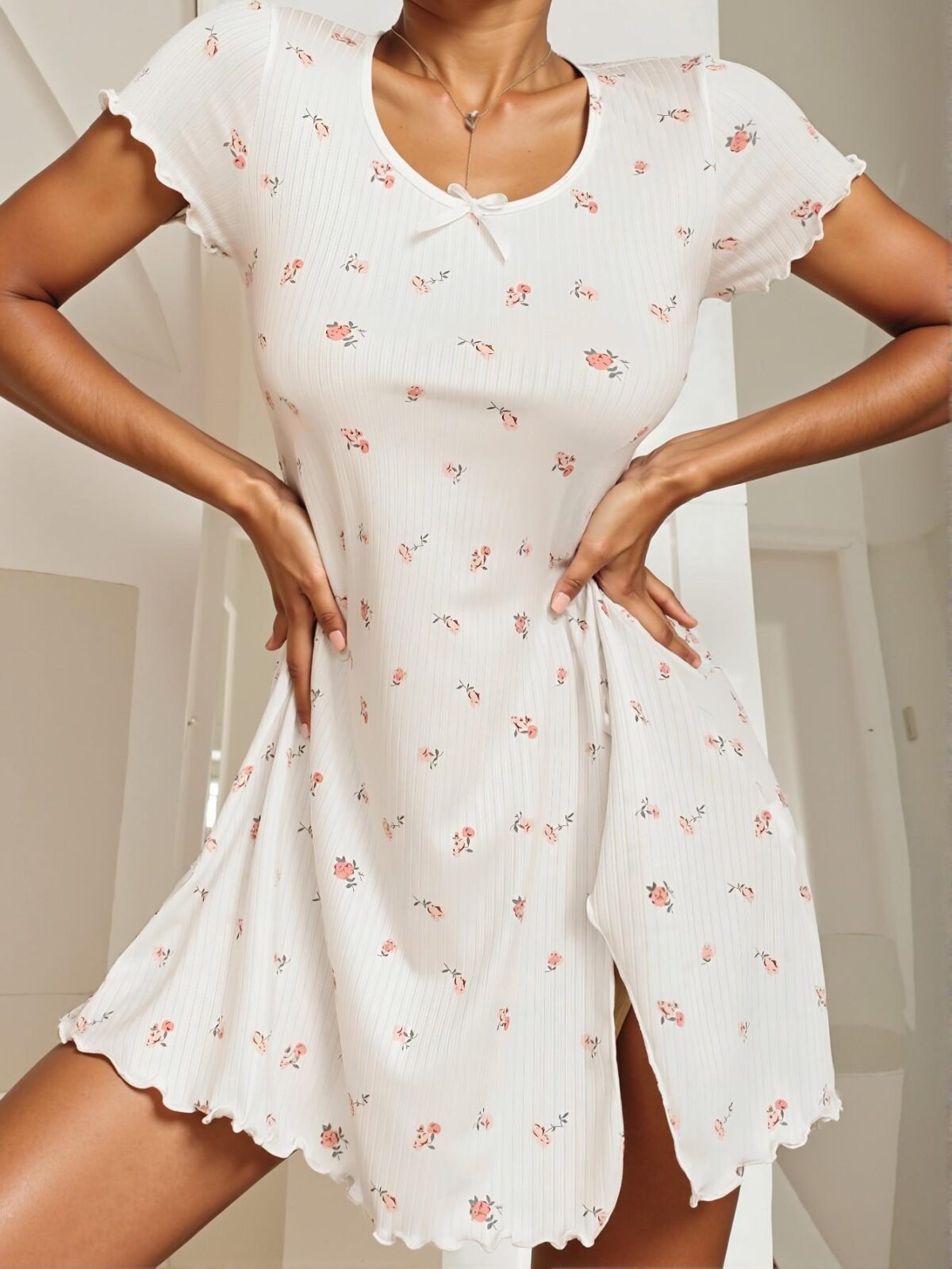 Elegant White Ditsy Floral Print Lettuce Trim Split Thigh Nightdress for Spring and Summer Chic, Classy and Trendy Fashion Style to Dress to Impress - Image 5