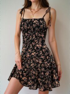 Elegant Black Flounce Hem Spaghetti Strap Floral Dress Perfect for Spring and Summer Chic, Classy and Trendy Fashion Style to Dress to Impress