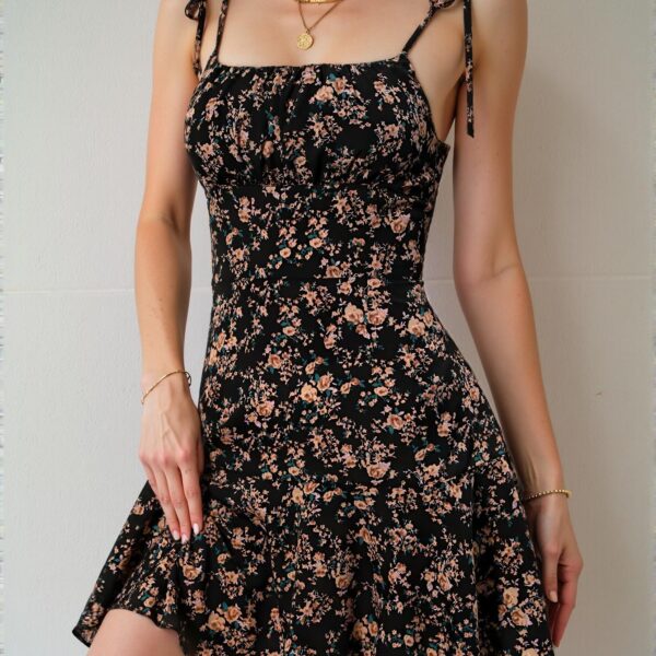 Elegant Black Flounce Hem Spaghetti Strap Floral Dress Perfect for Spring and Summer Chic, Classy and Trendy Fashion Style to Dress to Impress