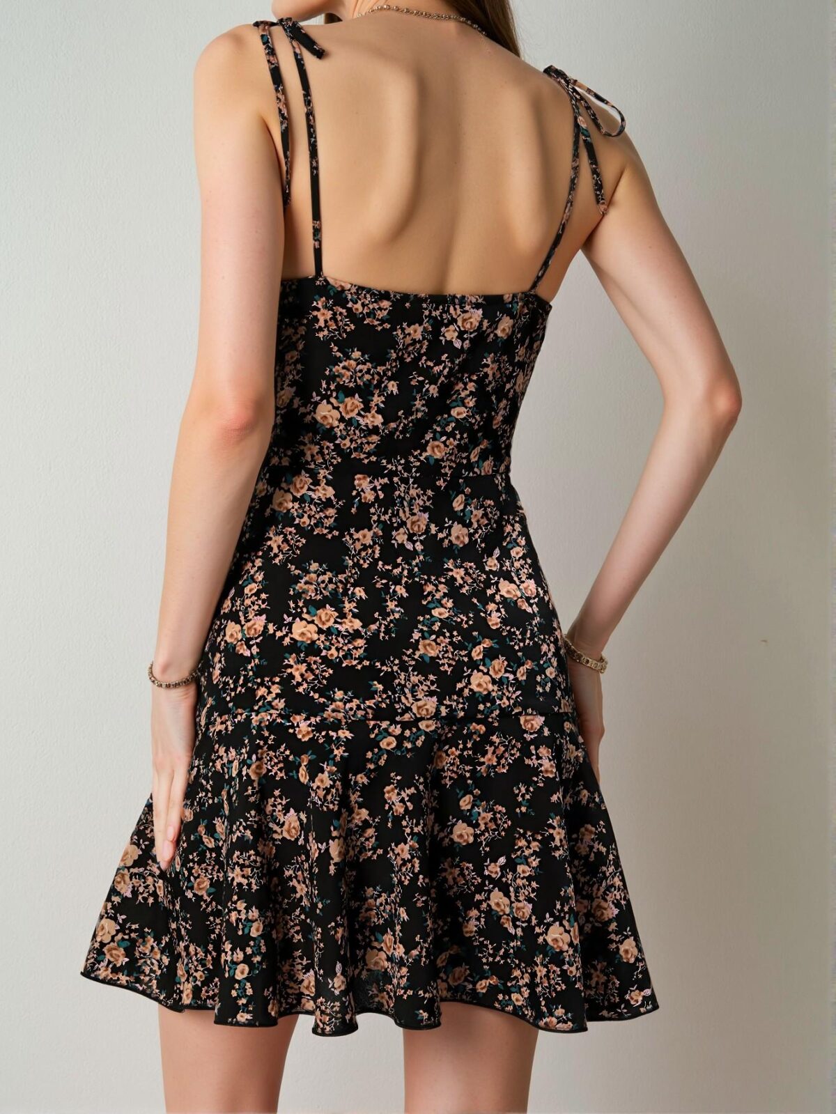 Elegant Black Flounce Hem Spaghetti Strap Floral Dress Perfect for Spring and Summer Chic, Classy and Trendy Fashion Style to Dress to Impress - Image 2