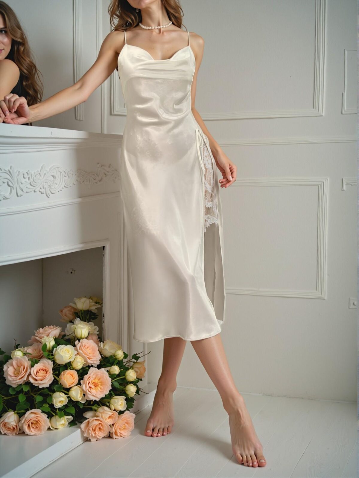 Elegant Beige Spaghetti Strap High Slit Nightgown, Perfect for Casual and Stylish Daily Wear in Spring and Summer - Chic, Classy and Trendy Fashion Style to Dress to Impress - Image 3