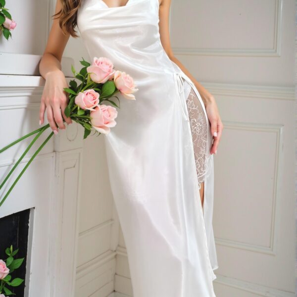 Elegant White Satin Pajama Slip Dress with Lace Panels and Draped Collar for Spring and Summer - Chic, Classy, and Trendy Fashion Style to Dress to Impress