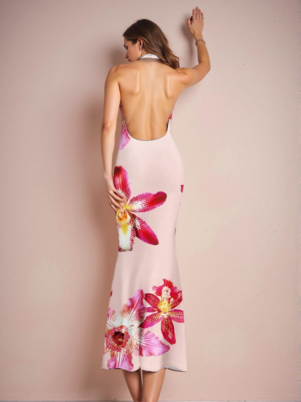 Elegant Multicolor Flowing Halter Dress with Hibiscus & Orchid Print for Vacation and Parties in Spring and Summer – Chic, Classy and Trendy Fashion Style to Dress to Impress - Image 2