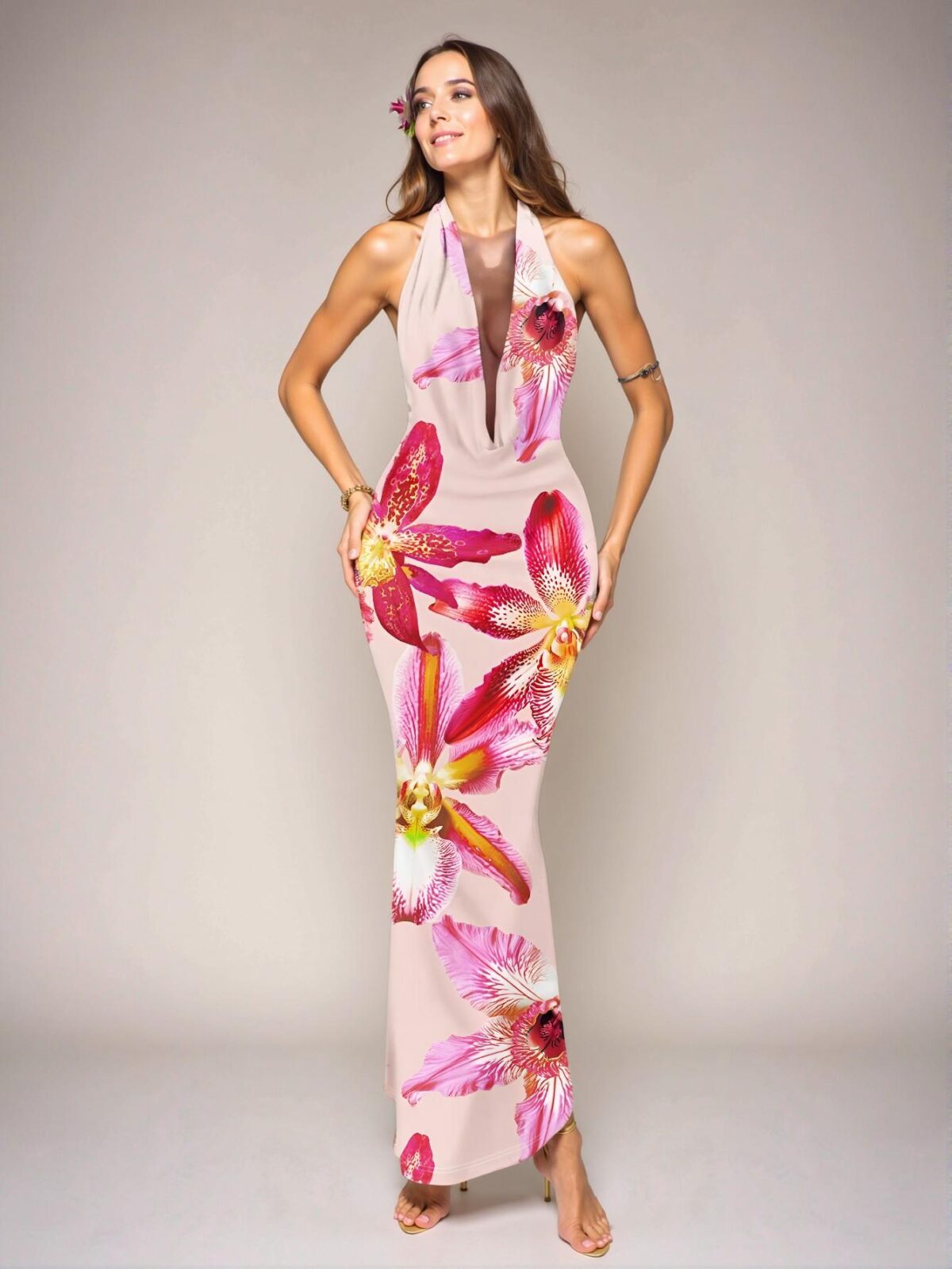Elegant Multicolor Flowing Halter Dress with Hibiscus & Orchid Print for Vacation and Parties in Spring and Summer – Chic, Classy and Trendy Fashion Style to Dress to Impress - Image 3
