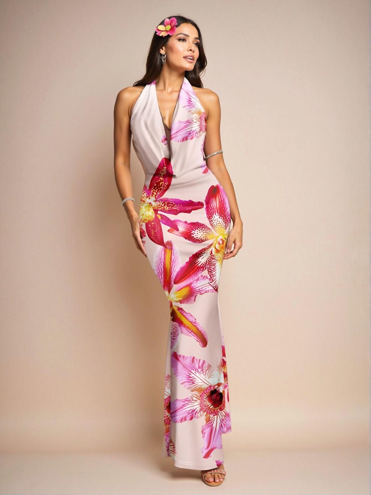 Elegant Multicolor Flowing Halter Dress with Hibiscus & Orchid Print for Vacation and Parties in Spring and Summer – Chic, Classy and Trendy Fashion Style to Dress to Impress - Image 5