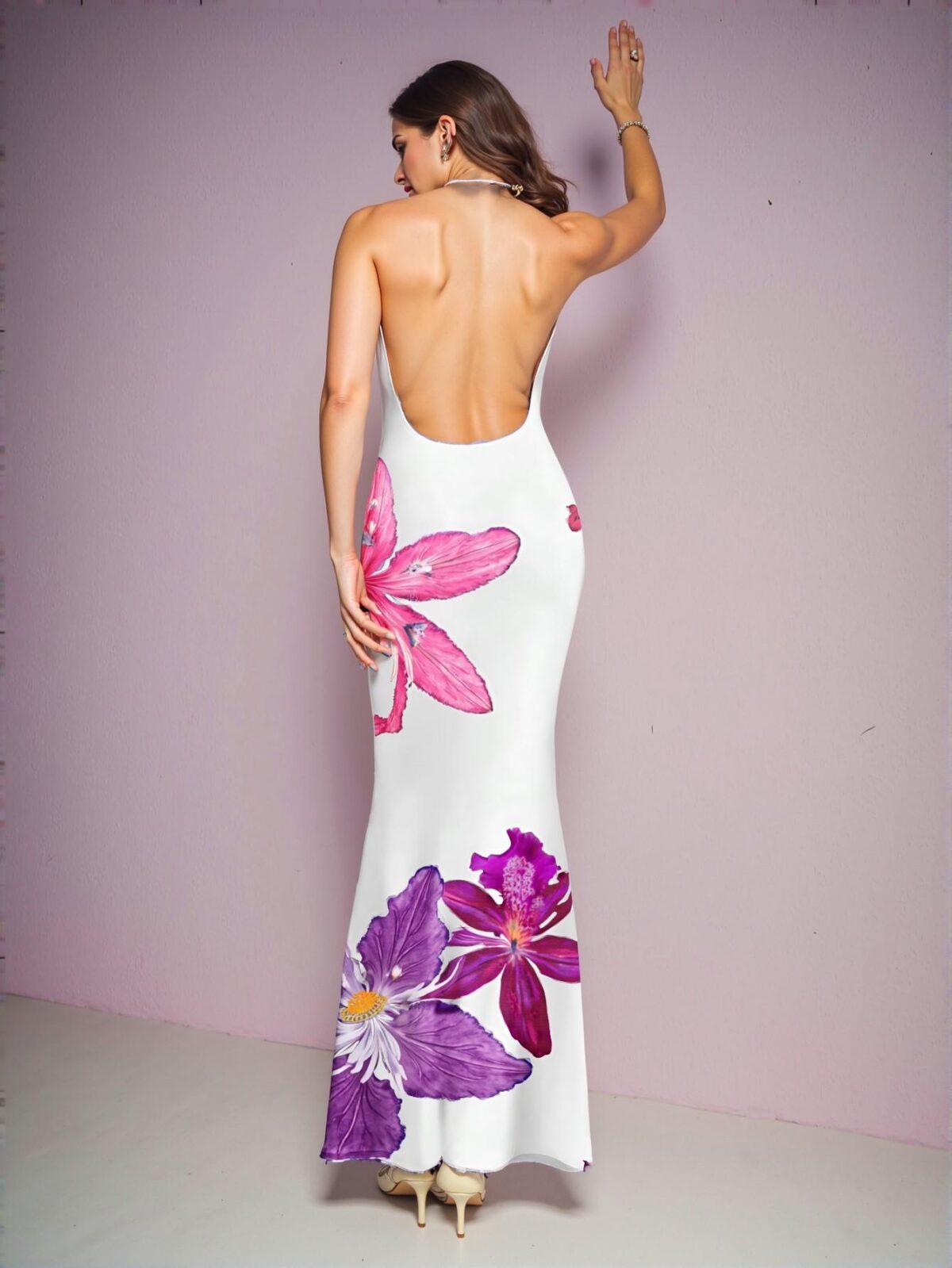 Elegant Multicolor Flowy Floral Print Maxi Dress with Draped Neckline Perfect for Spring and Summer Chic, Classy and Trendy Fashion Style to Dress to Impress - Image 2