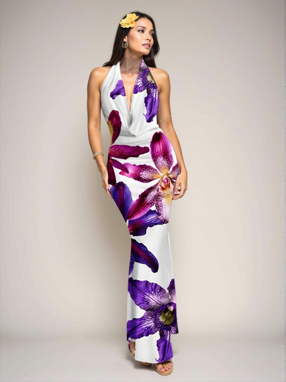 Elegant Multicolor Flowy Floral Print Maxi Dress with Draped Neckline Perfect for Spring and Summer Chic, Classy and Trendy Fashion Style to Dress to Impress - Image 5