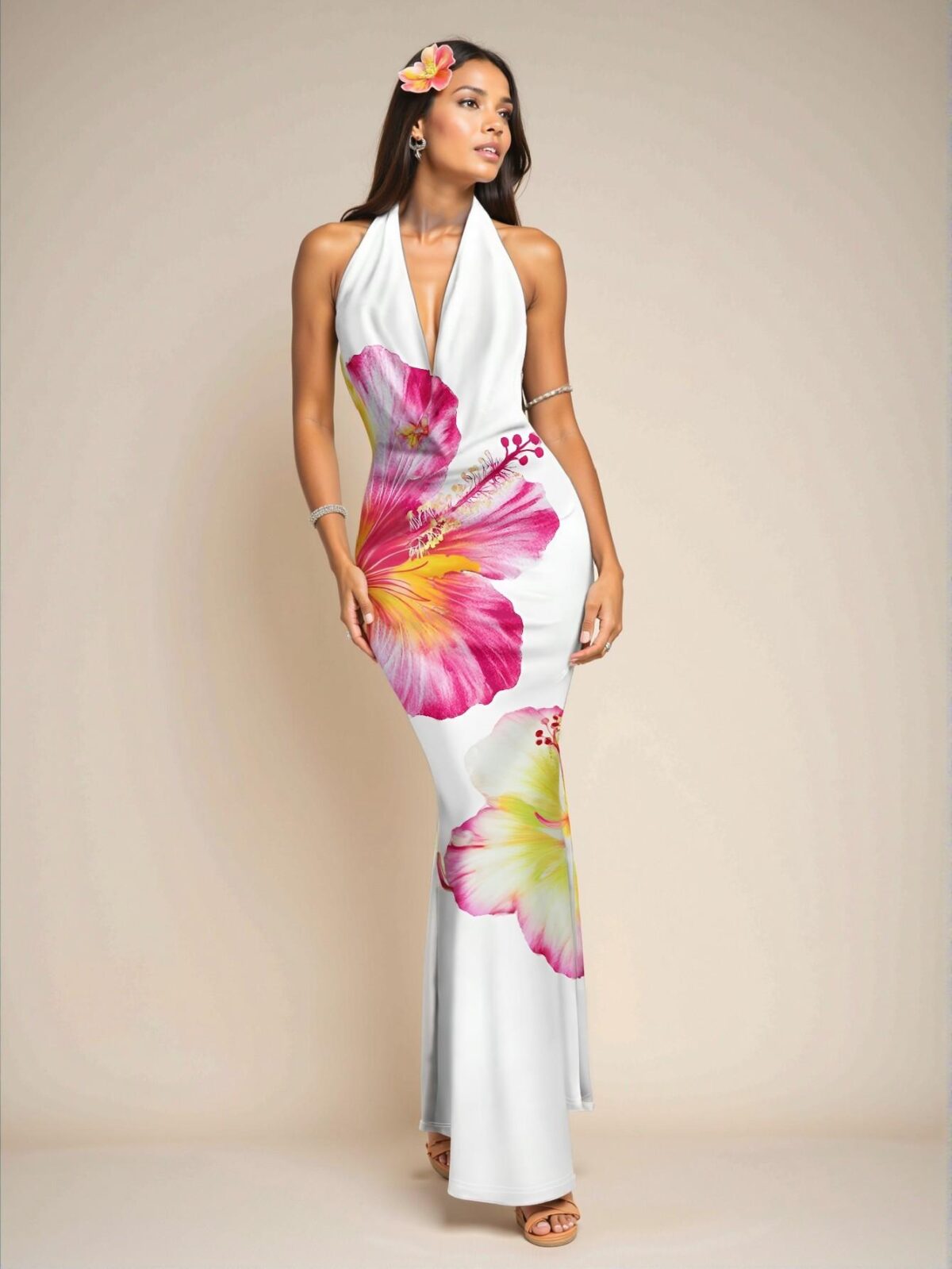 Elegant Multicolor Gorgeous Halter Bodycon Maxi Dress with Hibiscus Floral Print for Summer Festivities - Chic, Classy and Trendy Fashion Style to Dress to Impress - Image 2