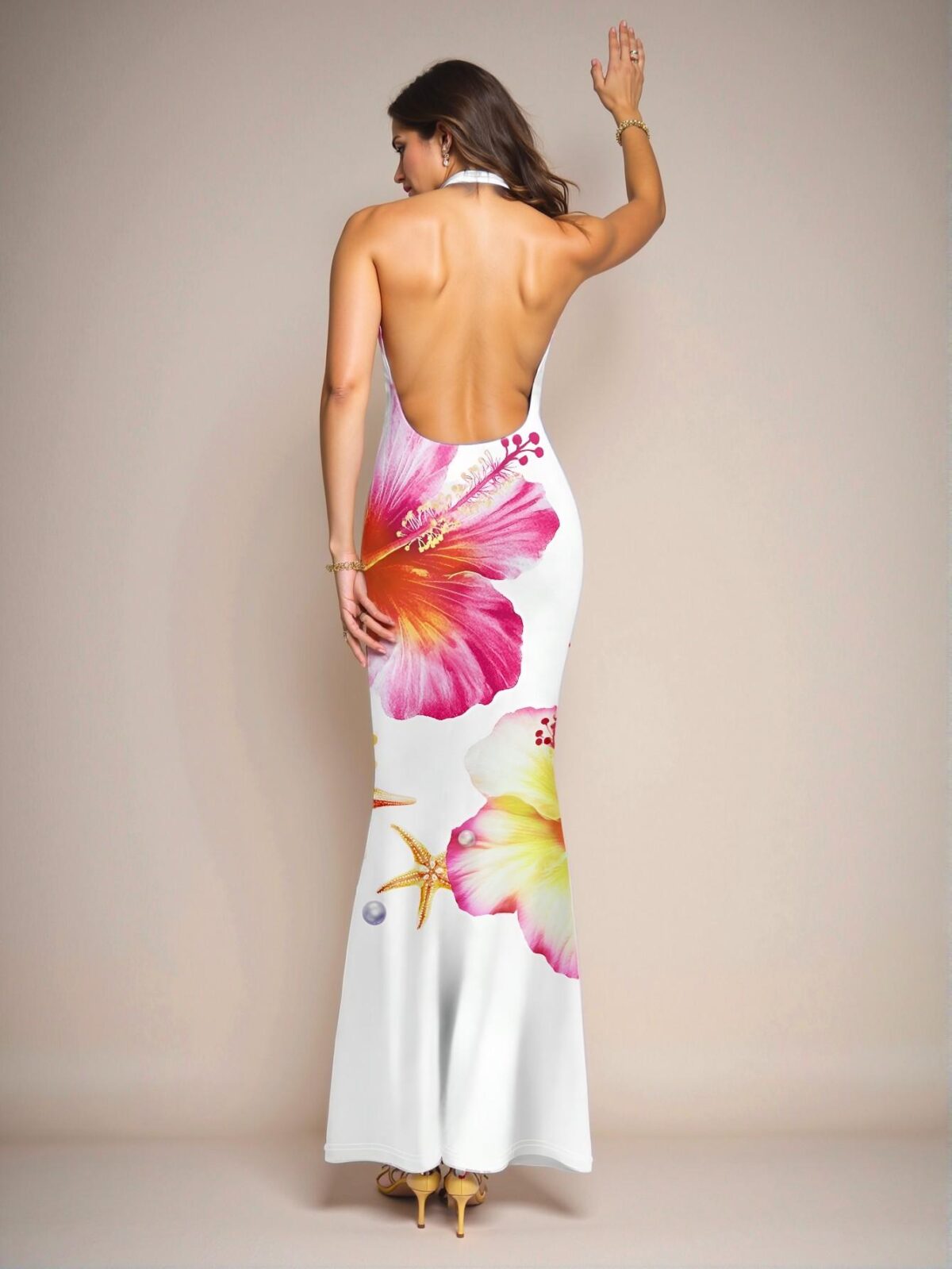Elegant Multicolor Gorgeous Halter Bodycon Maxi Dress with Hibiscus Floral Print for Summer Festivities - Chic, Classy and Trendy Fashion Style to Dress to Impress - Image 3